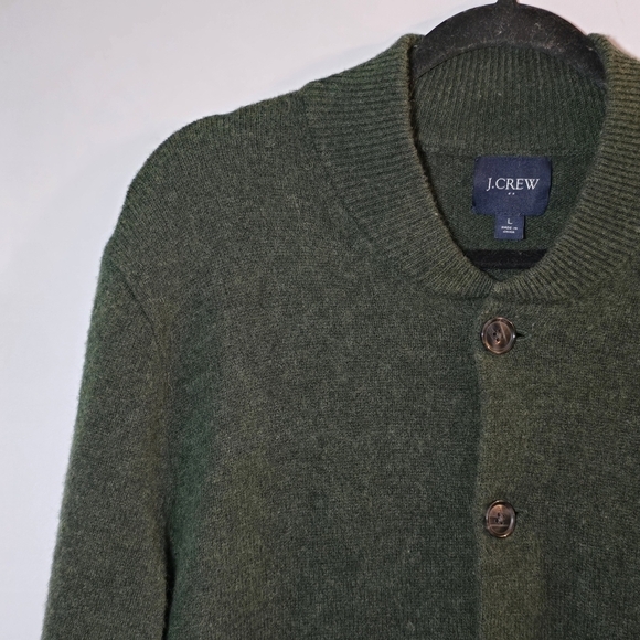 J. Crew Factory Men's Lambswool Bomber Sweater Olive Green Button Front Cardigan - Picture 2 of 6